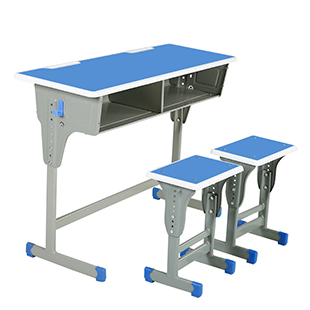 双人木桌面双柱方凳课桌椅-蓝白套