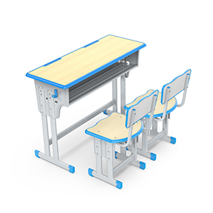 双人双柱带靠背课桌椅-蓝框
