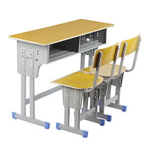 双人单柱带靠背课桌椅-木纹色