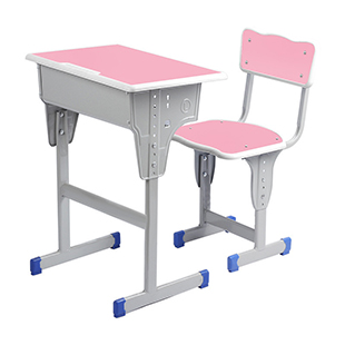 单人单柱带靠背课桌椅-粉色